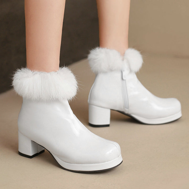 Women's Glossy Fur-Cuff Platform Ankle Boots