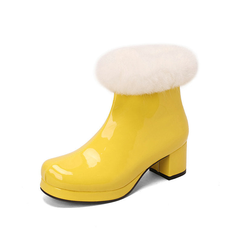Women's Glossy Fur-Cuff Platform Ankle Boots