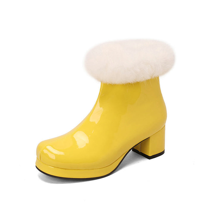 Women's Glossy Fur-Cuff Platform Ankle Boots