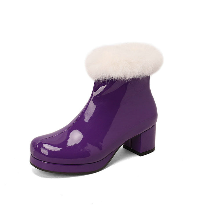 Women's Glossy Fur-Cuff Platform Ankle Boots