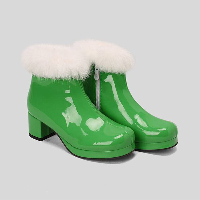 green Women's Glossy Fur-Cuff Platform Ankle Boots