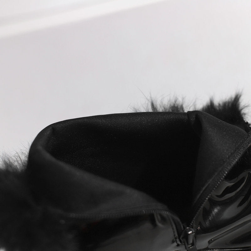 black Women's Glossy Fur-Cuff Platform Ankle Boots