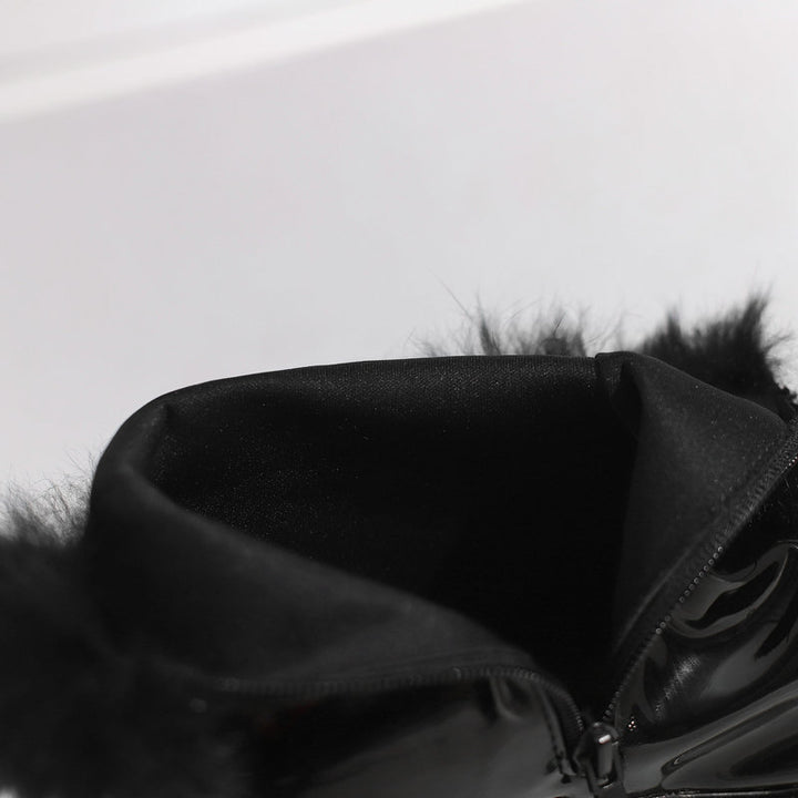 black Women's Glossy Fur-Cuff Platform Ankle Boots