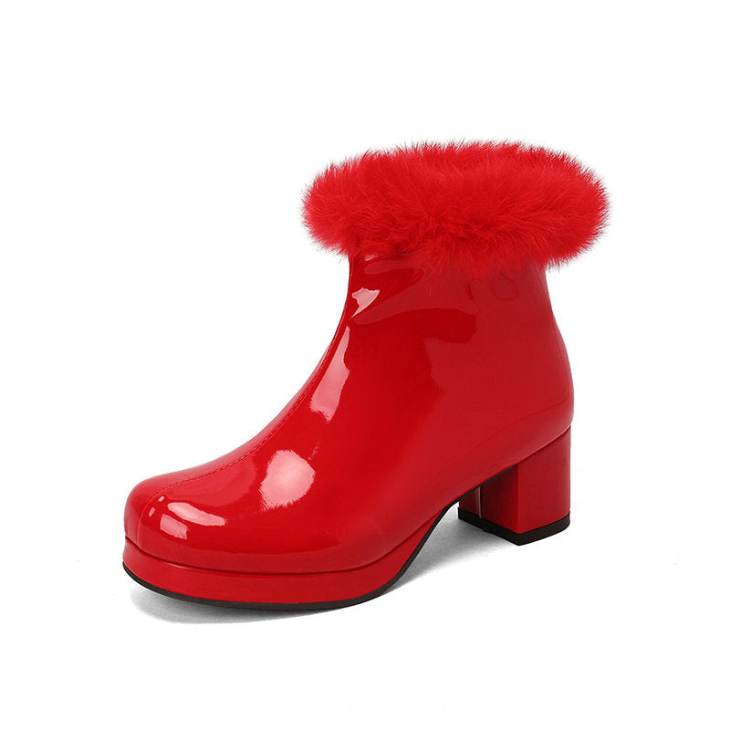 red Women's Glossy Fur-Cuff Platform Ankle Boots