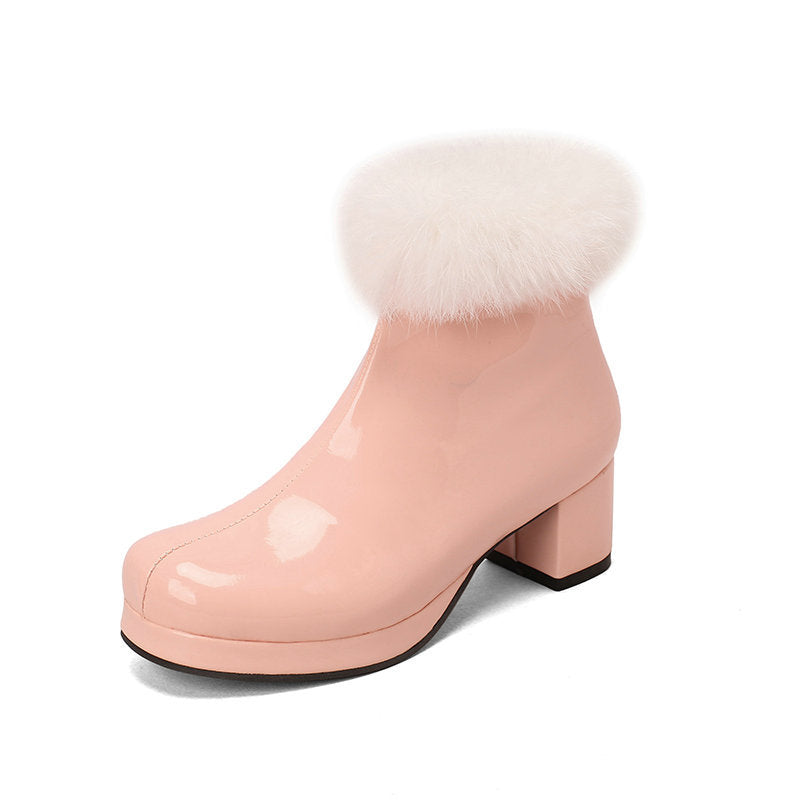 Women's Glossy Fur-Cuff Platform Ankle Boots