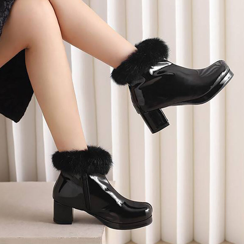 black Women's Glossy Fur-Cuff Platform Ankle Boots