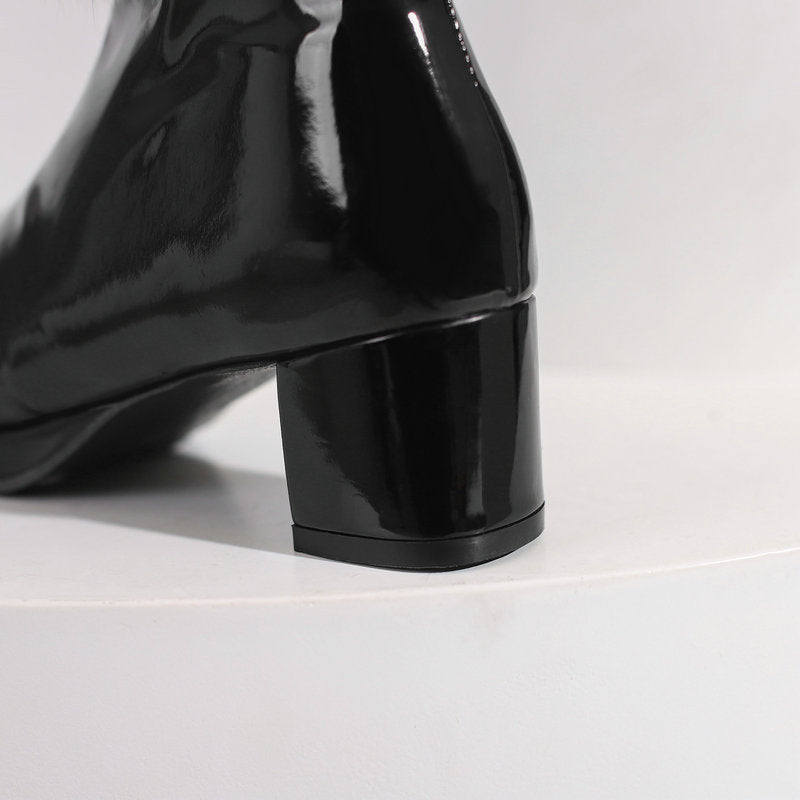 black Women's Glossy Fur-Cuff Platform Ankle Boots