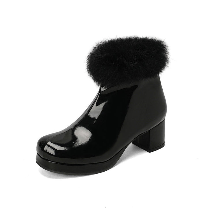 black Women's Glossy Fur-Cuff Platform Ankle Boots