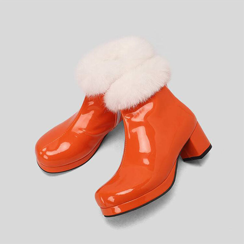 orange Women's Glossy Fur-Cuff Platform Ankle Boots