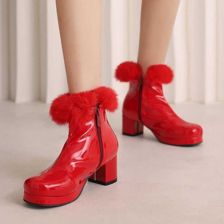 red Women's Glossy Fur-Cuff Platform Ankle Boots