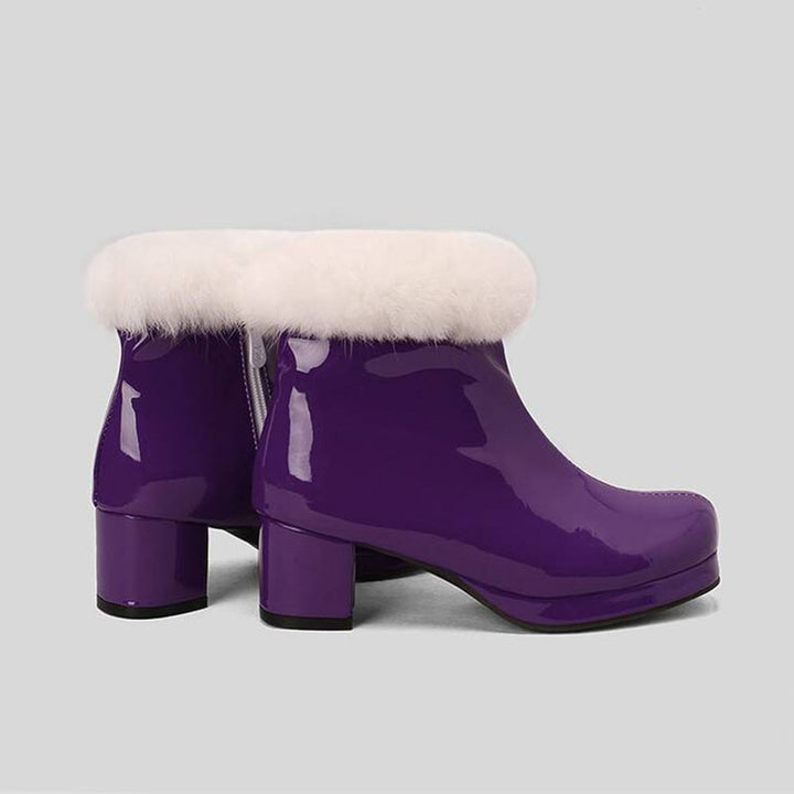 Women's Glossy Fur-Cuff Platform Ankle Boots