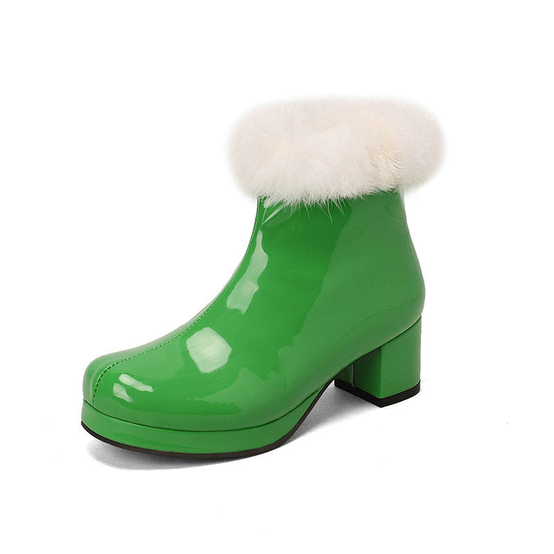 Women's Glossy Fur-Cuff Platform Ankle Boots