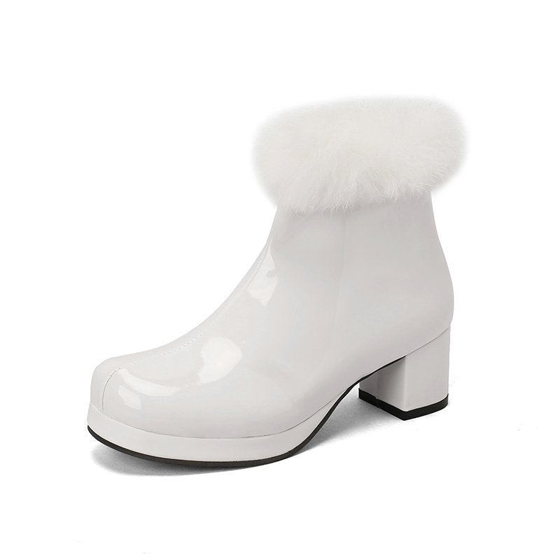 white Women's Glossy Fur-Cuff Platform Ankle Boots