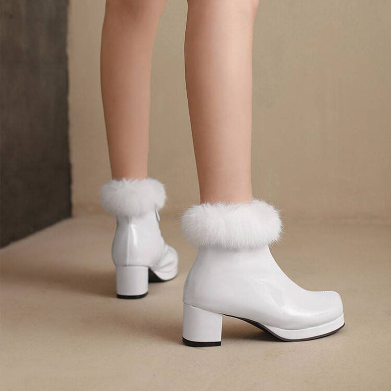 white Women's Glossy Fur-Cuff Platform Ankle Boots