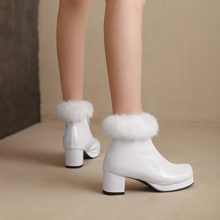 white Women's Glossy Fur-Cuff Platform Ankle Boots