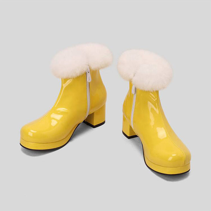yellow Women's Glossy Fur-Cuff Platform Ankle Boots
