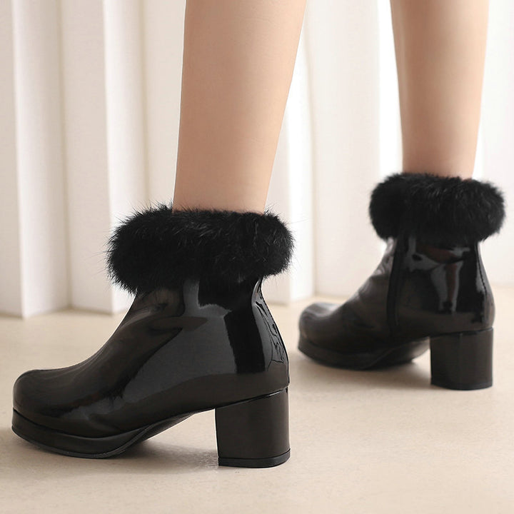 black Women's Glossy Fur-Cuff Platform Ankle Boots