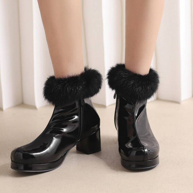 black Women's Glossy Fur-Cuff Platform Ankle Boots