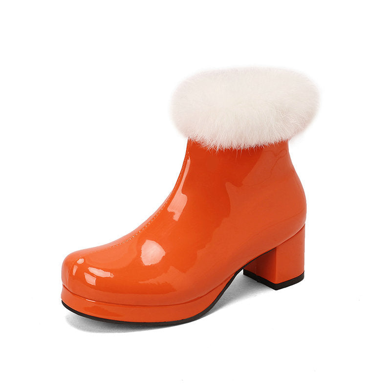Women's Glossy Fur-Cuff Platform Ankle Boots