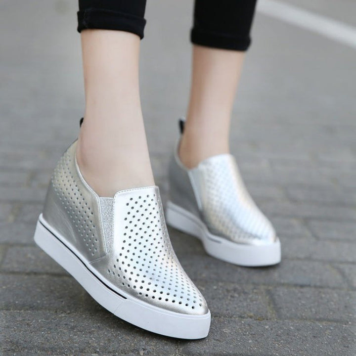 silver Women's Perforated Slip-On Wedge Sneakers