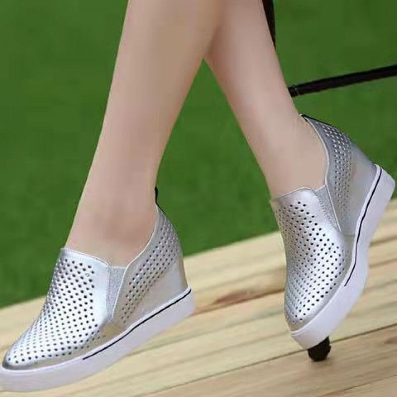 silver Women's Perforated Slip-On Wedge Sneakers