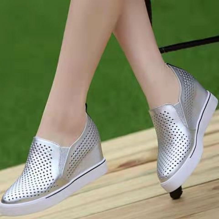 silver Women's Perforated Slip-On Wedge Sneakers