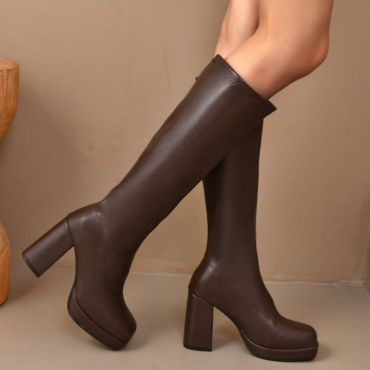 brown Women’s Platform Block-Heel Knee-High Boots