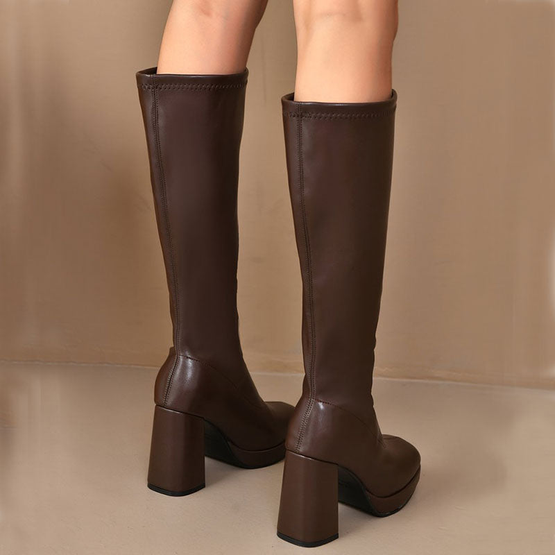 brown Women’s Platform Block-Heel Knee-High Boots
