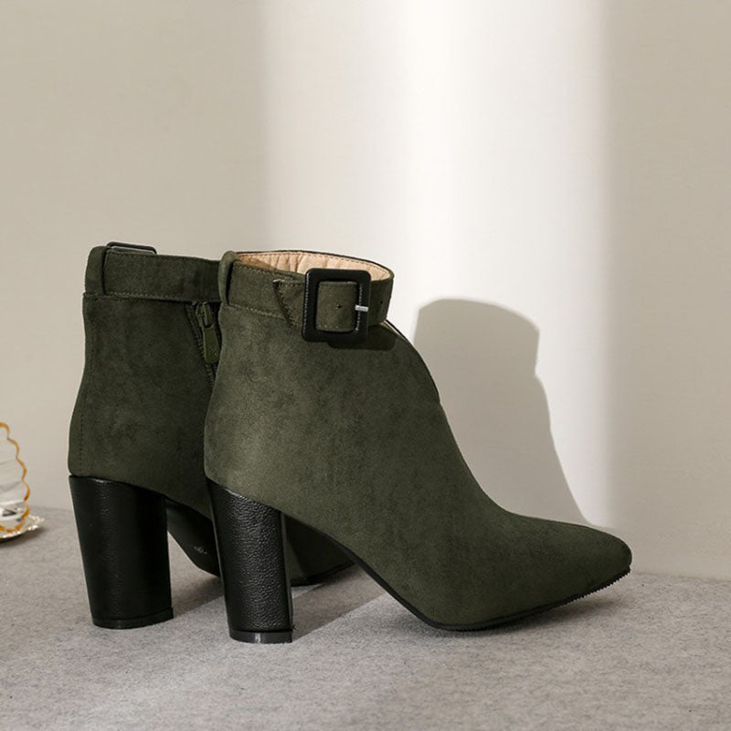green Women’s Buckle Ankle Strap Pointed Toe Boots