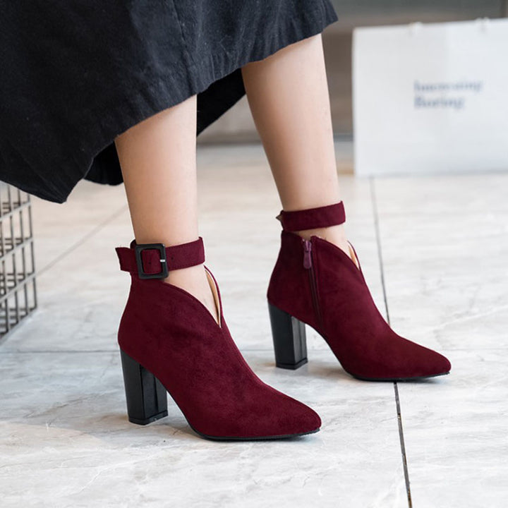 burgundy Women’s Buckle Ankle Strap Pointed Toe Boots