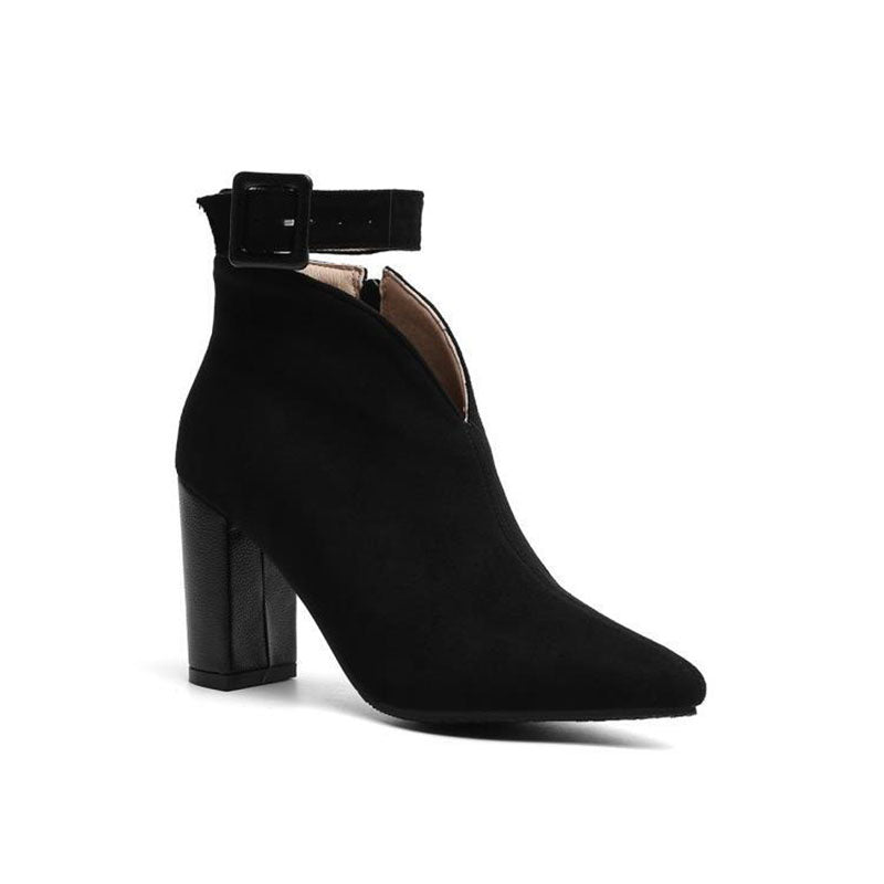 black Women’s Buckle Ankle Strap Pointed Toe Boots