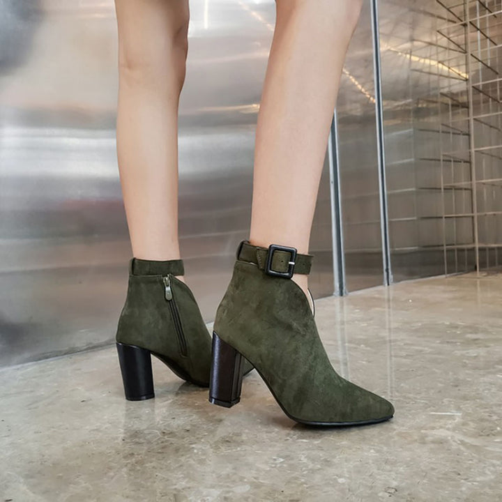 green Women’s Buckle Ankle Strap Pointed Toe Boots