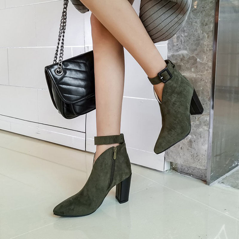green Women’s Buckle Ankle Strap Pointed Toe Boots