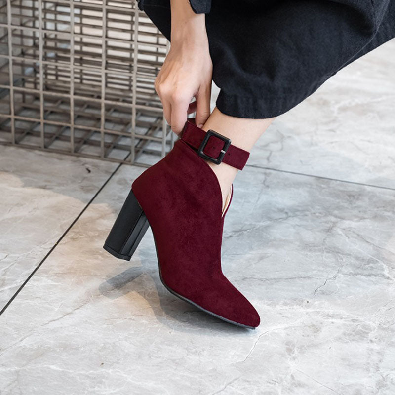 burgundy Women’s Buckle Ankle Strap Pointed Toe Boots