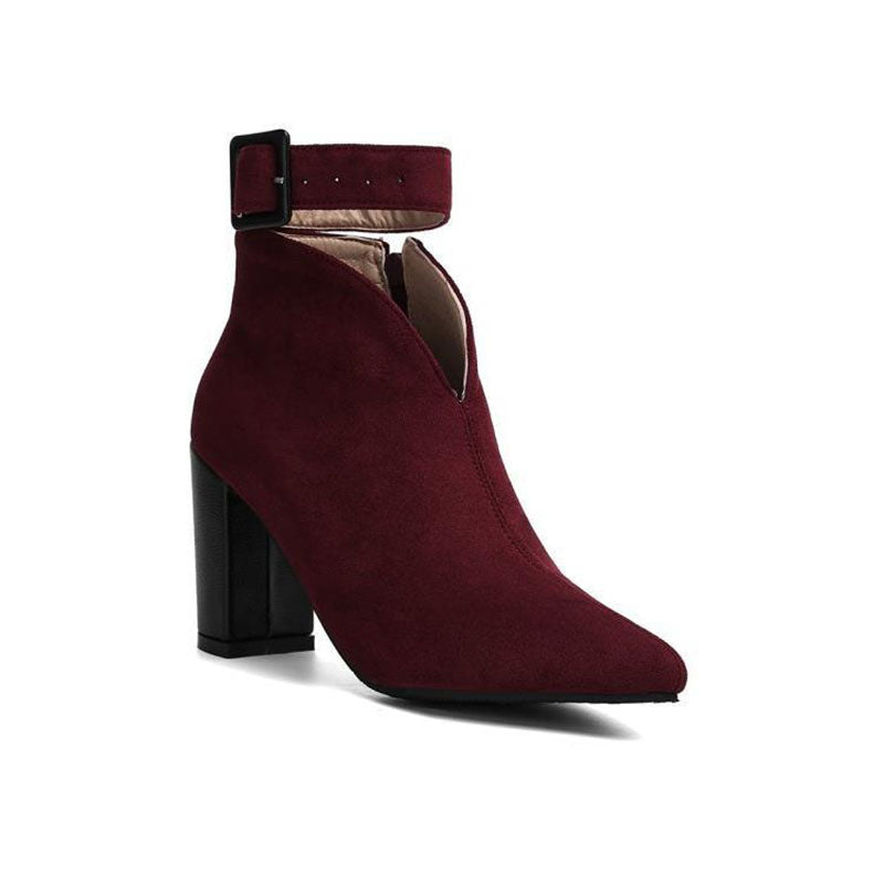 burgundy Women’s Buckle Ankle Strap Pointed Toe Boots