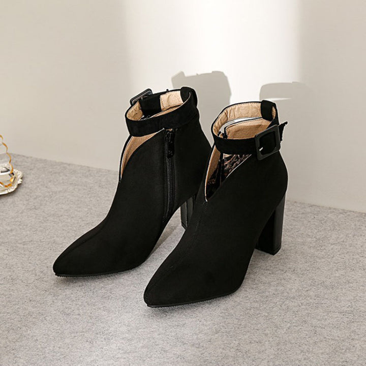 black Women’s Buckle Ankle Strap Pointed Toe Boots
