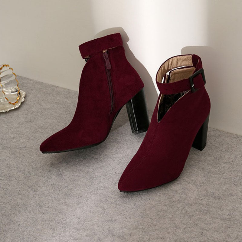 burgundy Women’s Buckle Ankle Strap Pointed Toe Boots