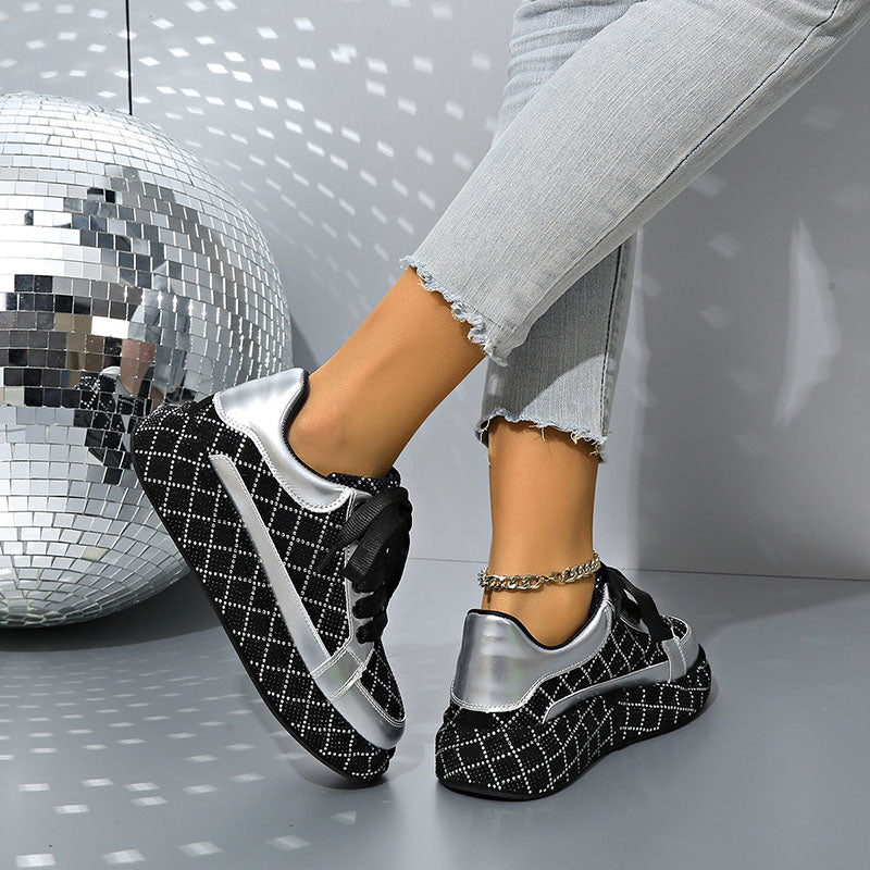 Women's Diamond-Pattern Rhinestone Platform Sneakers