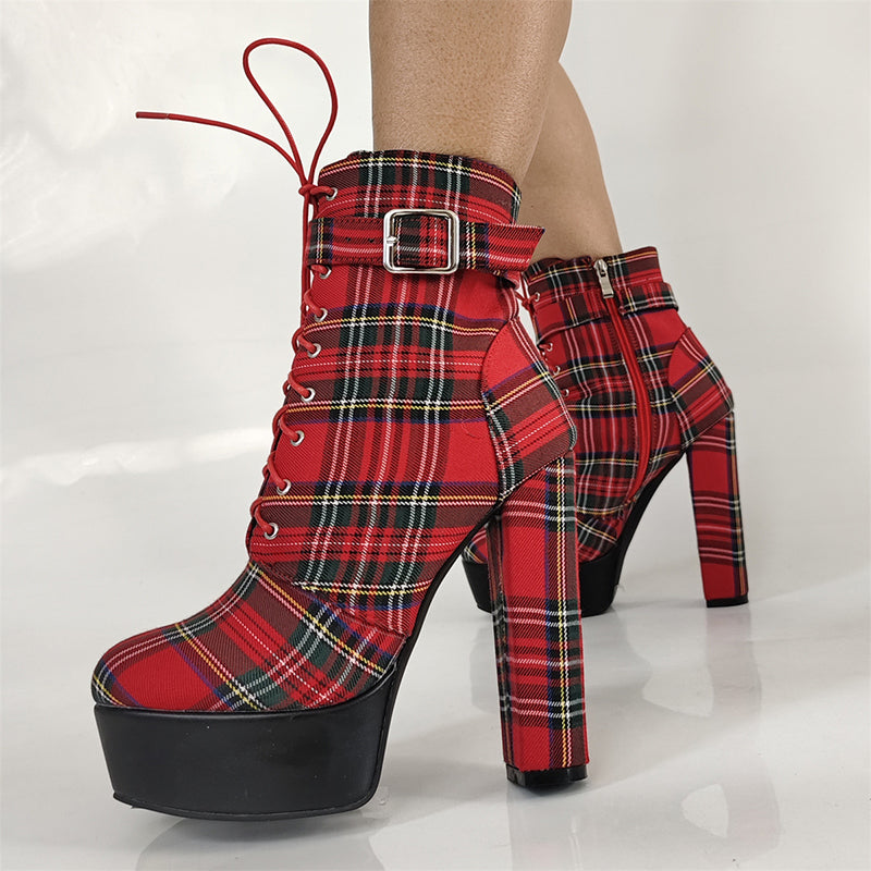 Women's Red Plaid Ultra High Heels Combat Boots
