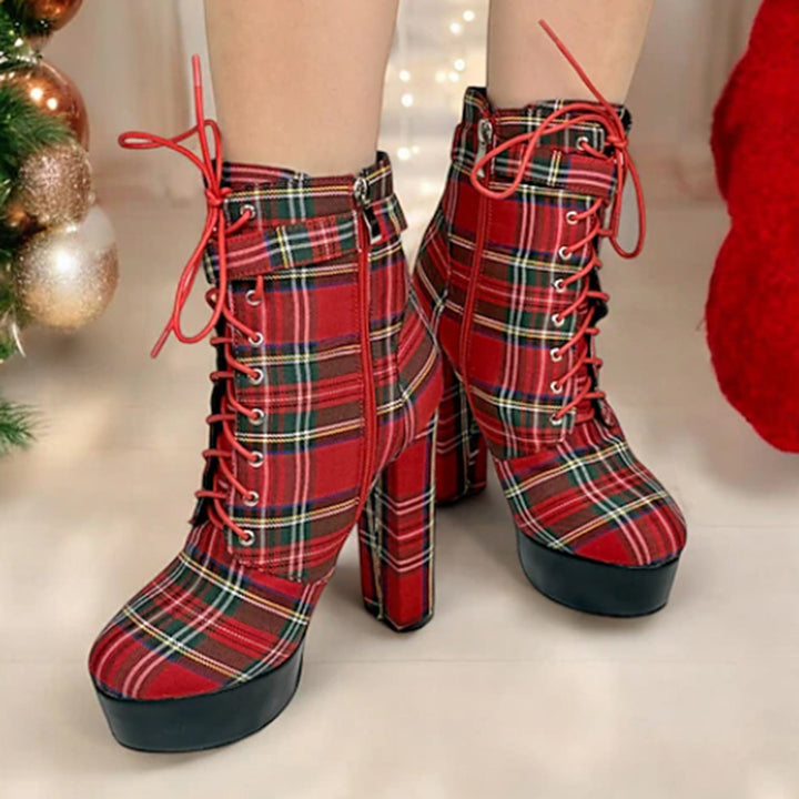 red Women's Red Plaid Ultra High Heels Combat Boots
