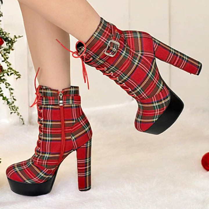 red Women's Red Plaid Ultra High Heels Combat Boots