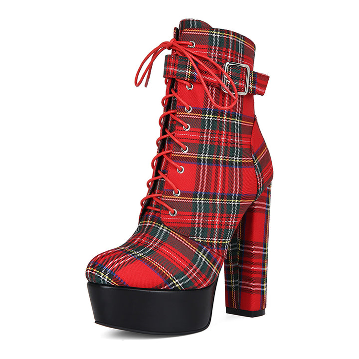 red Women's Red Plaid Ultra High Heels Combat Boots