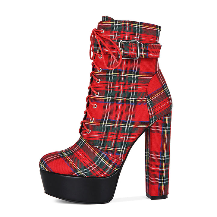 red Women's Red Plaid Ultra High Heels Combat Boots