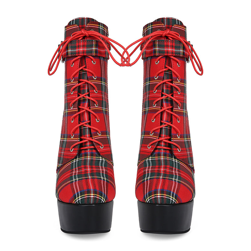 red Women's Red Plaid Ultra High Heels Combat Boots