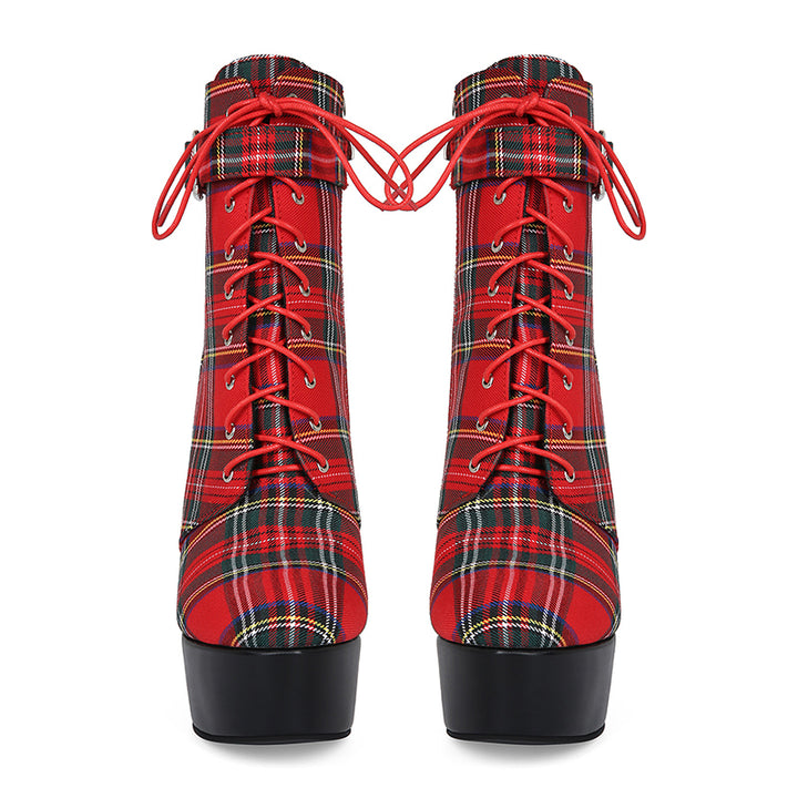 red Women's Red Plaid Ultra High Heels Combat Boots