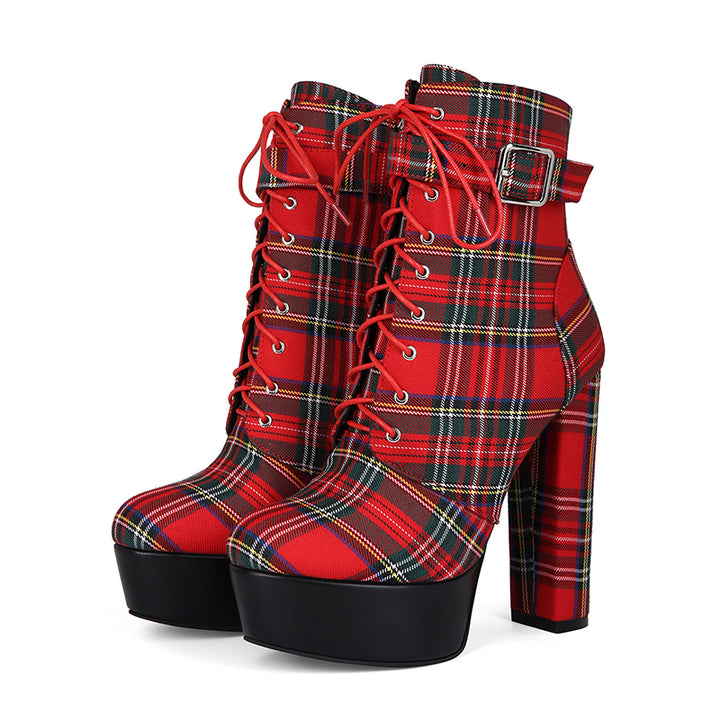 red Women's Red Plaid Ultra High Heels Combat Boots