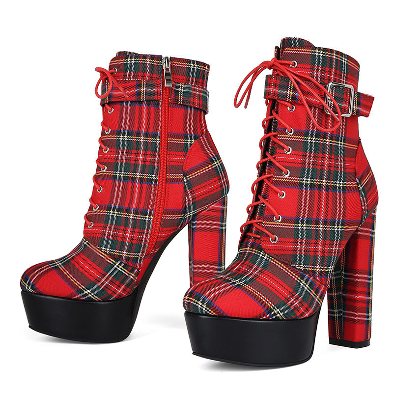 red Women's Red Plaid Ultra High Heels Combat Boots