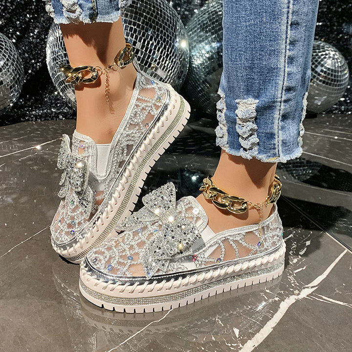 Women's Rhinestone Bow Mesh Platform Loafers