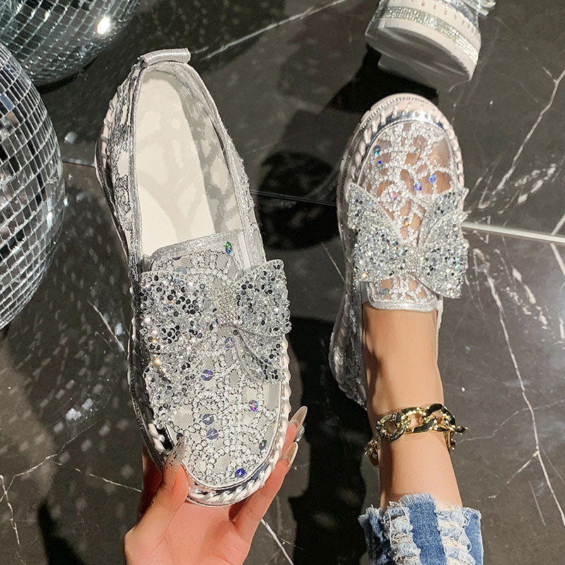 Women's Rhinestone Bow Mesh Platform Loafers