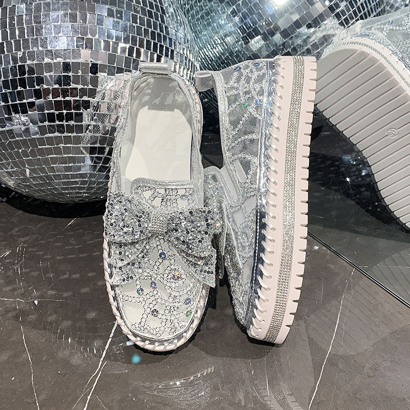 Women's Rhinestone Bow Mesh Platform Loafers